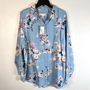 CJ Banks Blouse Women's 2X Pink Multi Floral Denim Cottagecore Spring Summer